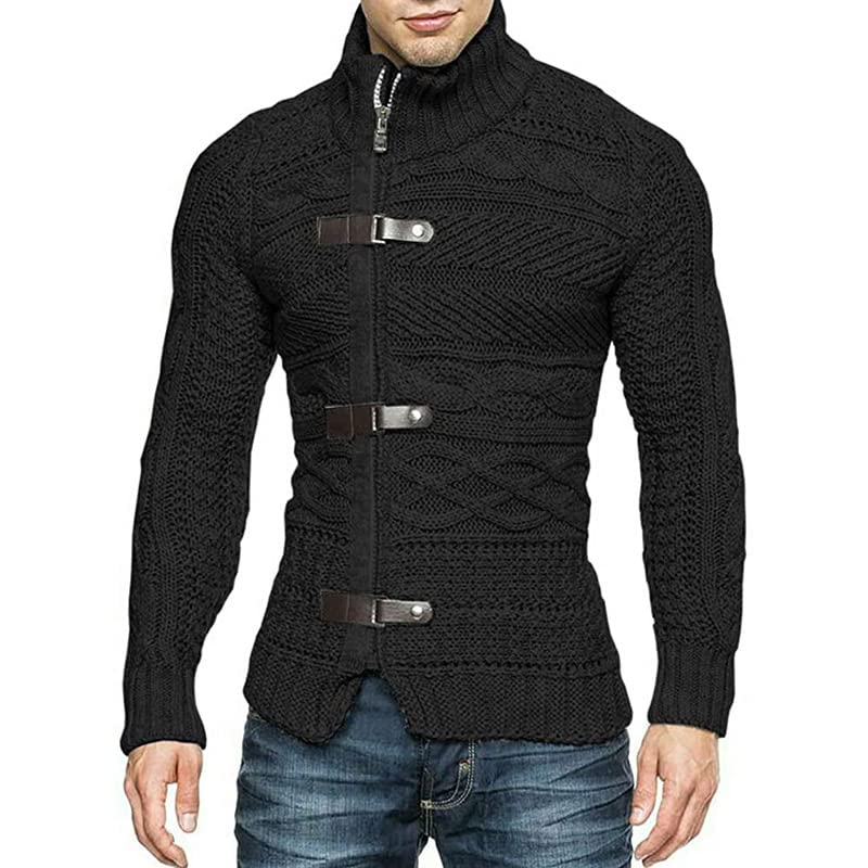 Men's Slim Fit Cable Chunky Knit Full Zip Up Button Turtle Neck Sweaters Cardigans