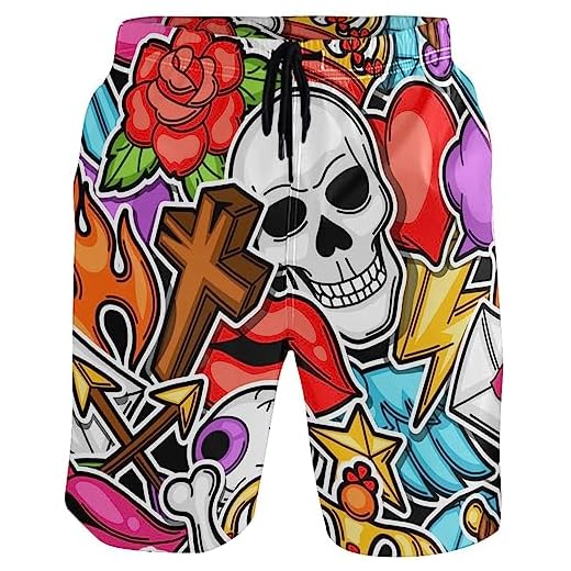 visesunny Calção de banho masculino retrô tatuagem caveira desenho antigo roupa de banho secagem rápida praia feriado festa sunga shorts de natação, Multi, GG