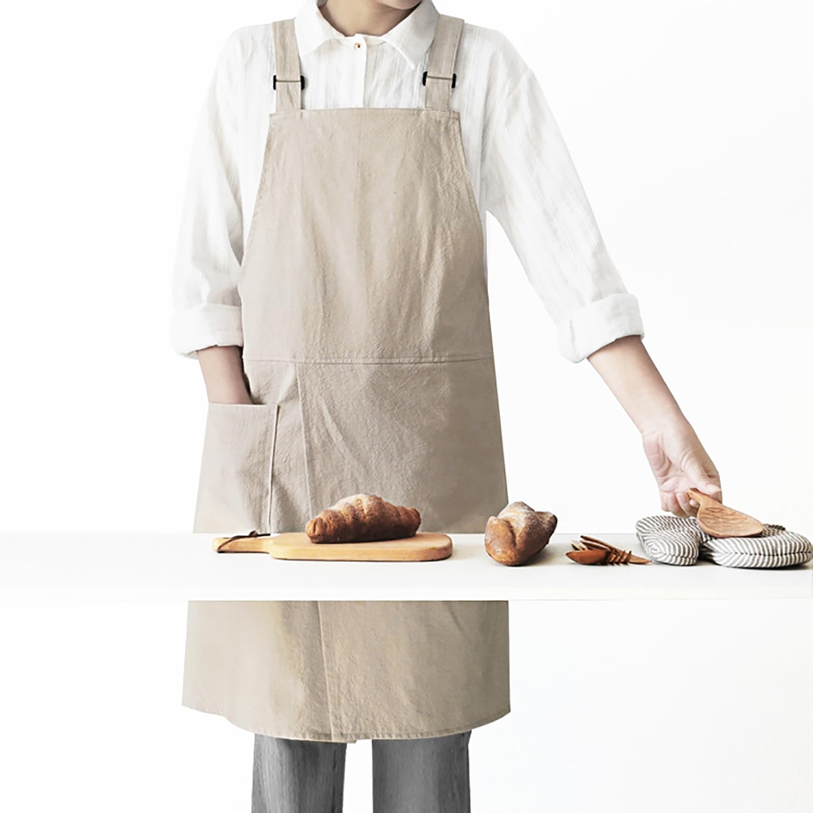 Tablier de cuisine unisexe en coton et lin avec bretelles réglables en forme de H avec poches pour cuisine, barbecue, peinture, fait à la main
