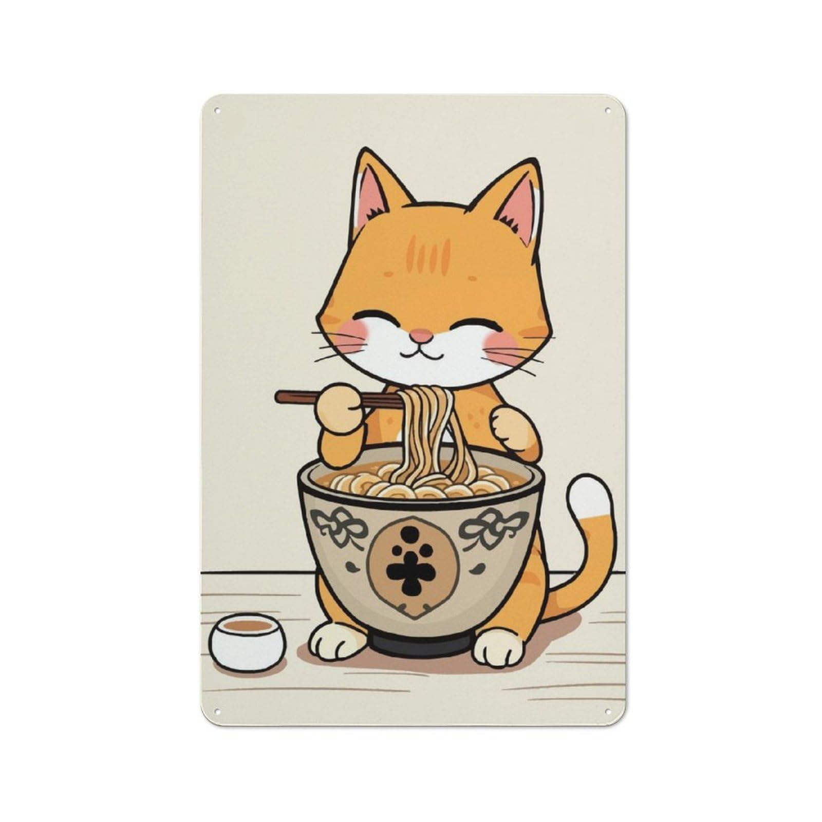 Junmoney Cute Cat Eating Ramen Metal Wall Sign 30X20cm Featuring For Pub Or Café, For Pub Decor Enthusiasts, For Retro Home Interiors