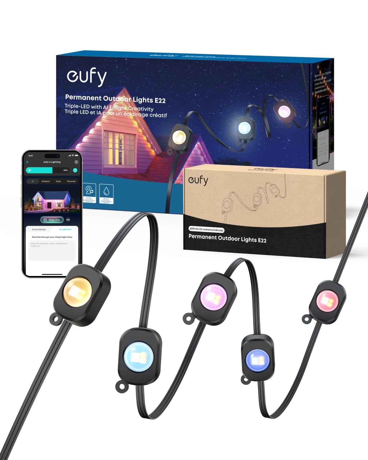 eufy Permanent Outdoor Lights E22, 150ft with 90 Triple-LED Lights, Smart RGBWW, Daily and Holiday, Up to IP67 Waterproof, AI Lighting Themes for Halloween, Christmas, Links with Cameras, Black