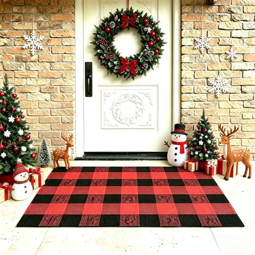 MUBIN Christmas Door Mat Outdoor 27.5 x 43 Inch Red and Black Plaid Rug Christmas Decor Rug Cotton Hand-Woven Layered Door Mats Washable Carpet for Front Porch, Kitchen, Farmhouse, Entryway