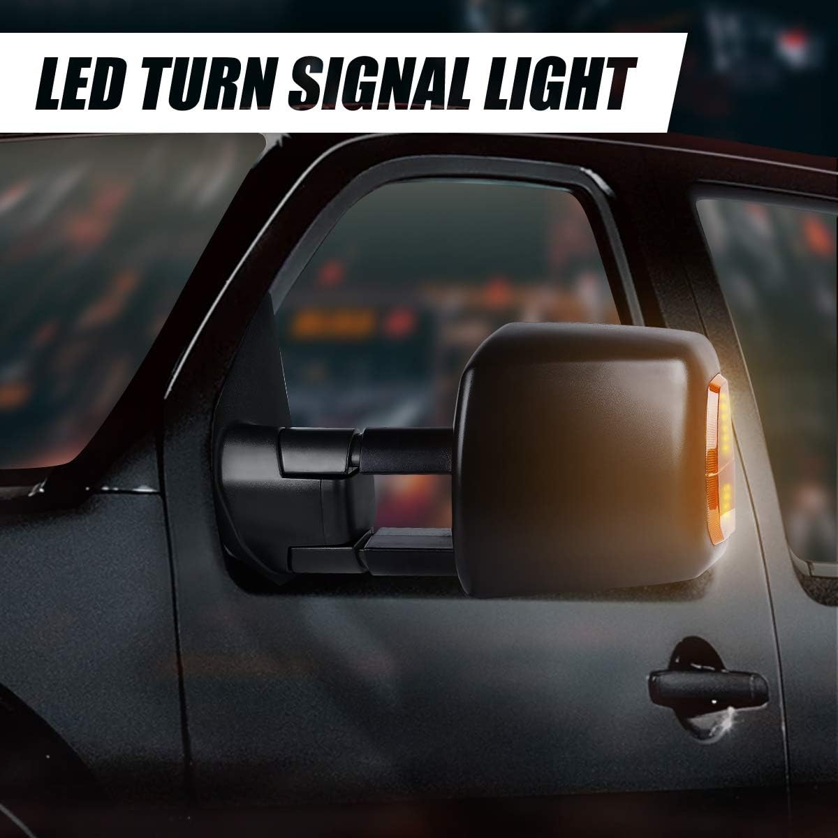 Auto Dynasty Pair of Black Power Heated Glass Telescoping w/Amber LED Signal Light Side Towing Mirrors Compatible with Tundra 07-16