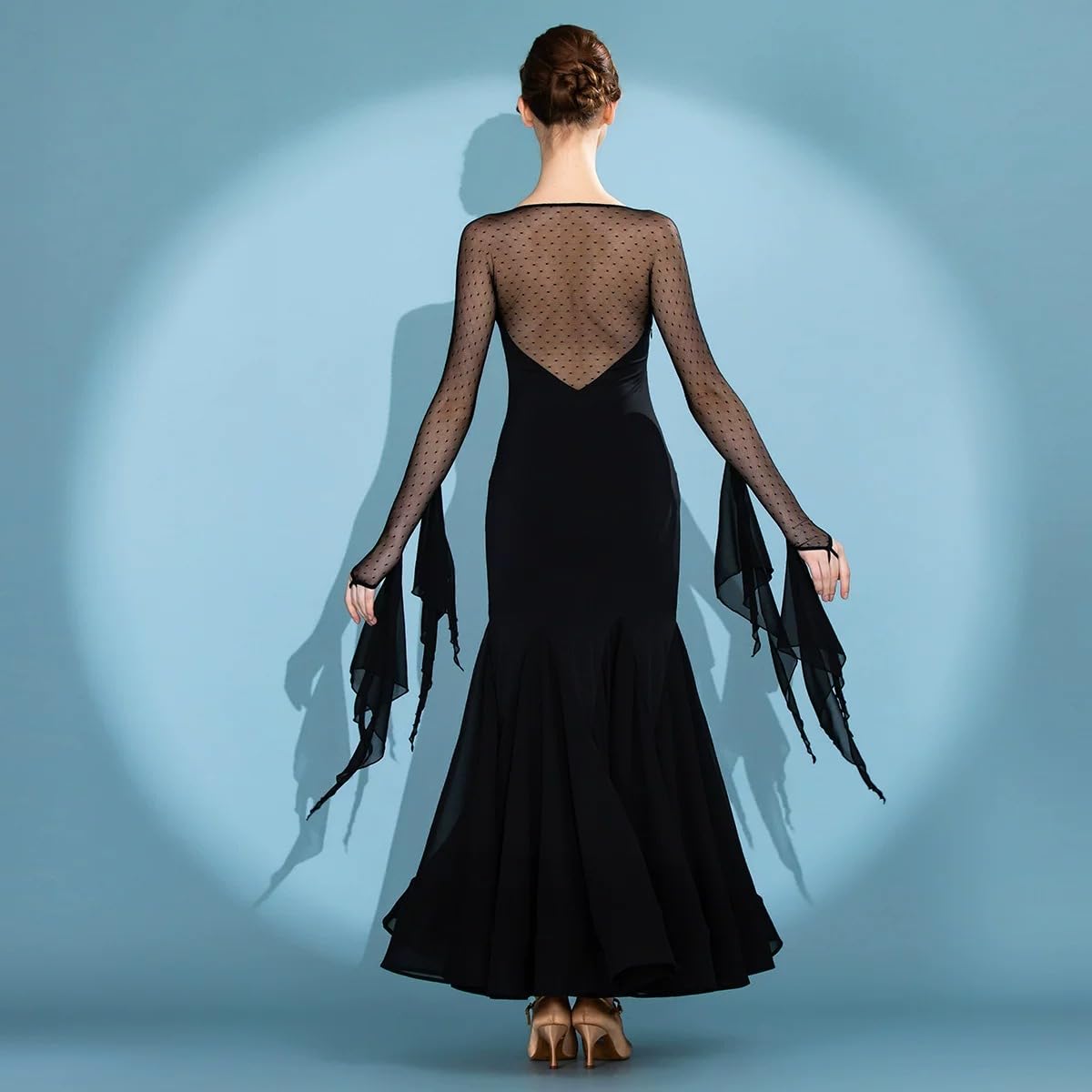 Abiti da Ballo da Sala per Donna con Pizzo Applicato, Scollo a V, Maniche Lunghe, Rete a Pois, Abito Liscio per Valzer, Tango, Ballo Moderno e Gare