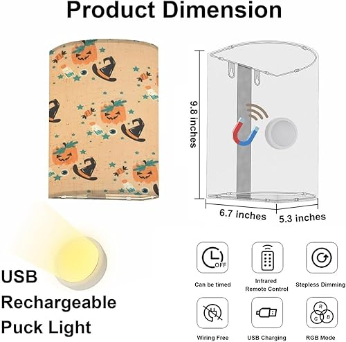 Miniatura 2 de Juego de dos apliques recargables con patrón de Helloween sin costuras para envolver lámparas de pared de tela de brillo ajustable, accesorios de
