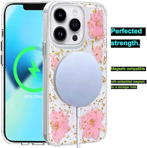 Miniatura 3 de Abbery Funda magnética para iPhone 14 Pro Max de 6.7 pulgadas, compatible con MagSafe Cute Clear with Design Glitter Sparkle Real Dry Pressed Flower