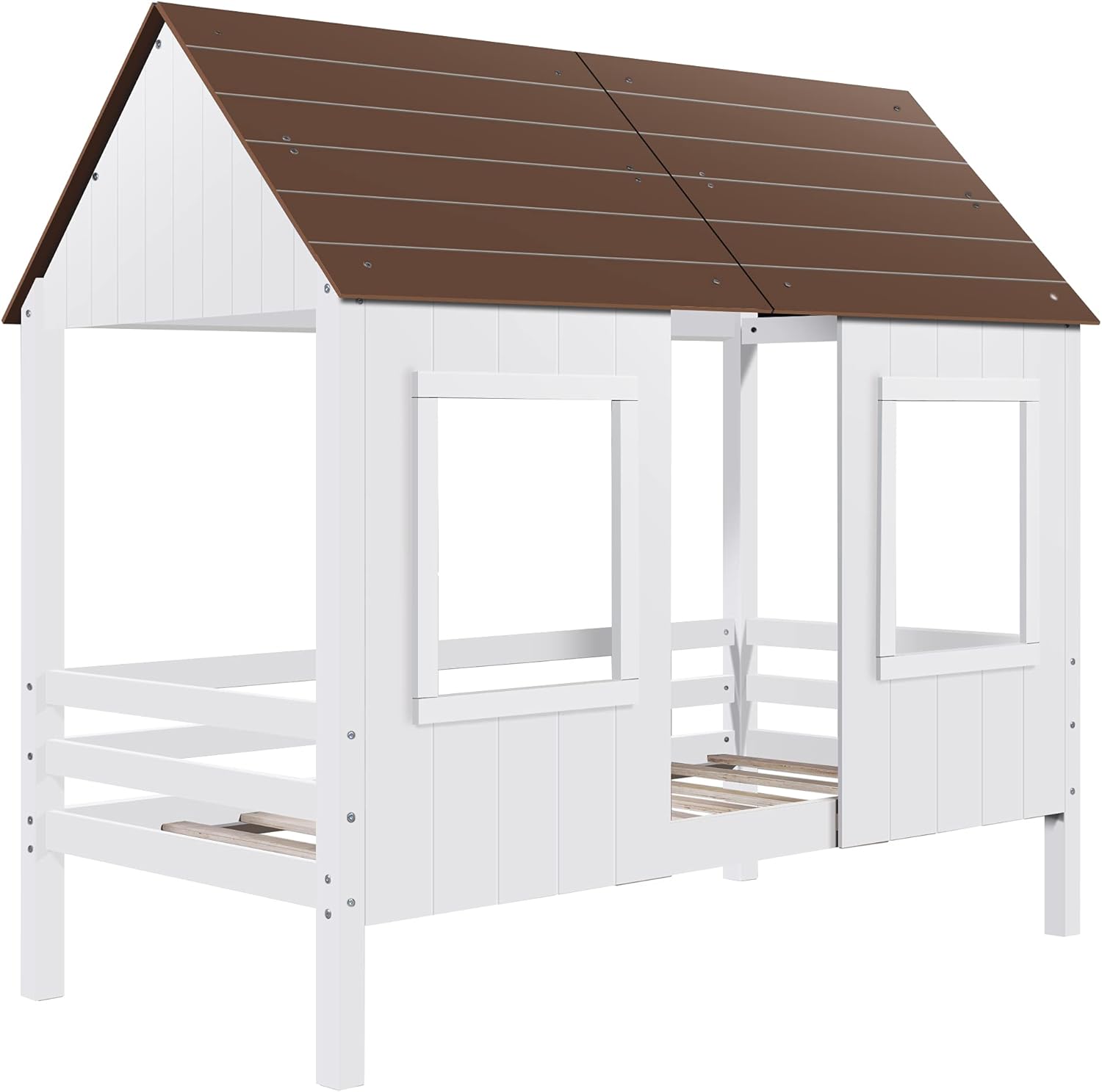Twin Size Low Loft Wood House Bed with Two Front Windows,Bedroom Bed with Wooden Frame Featuring Roof (White) (White)