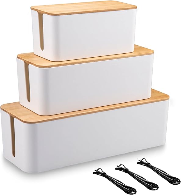 EVADOW Set of 3 Cable Management Box with Bamboo Lid, White Wire Core Cable Tidy Box Conceal and Hide Cable Wire Extension Organizer Box for Home, Office | Size for Large, Medium, Small
