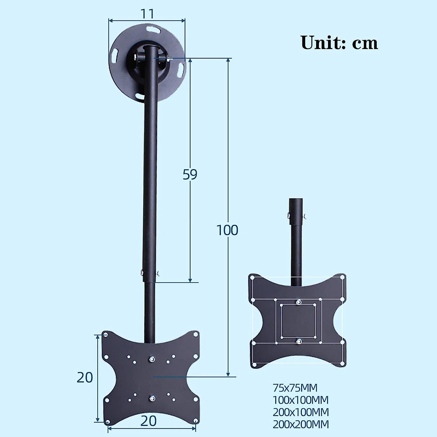 Staffa di montaggio per TV a soffitto per TV a schermo piatto da 13 pollici da 37 pollici, supporto universale con capacità di 59,9 kg, compatibile con VESA max 200 x 200 mm, per carichi elevati