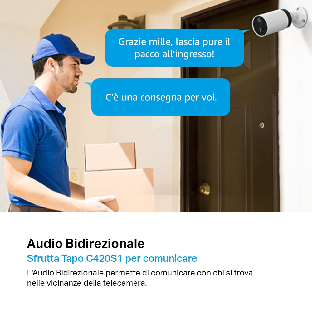 Tapo C420S1 Telecamera WiFi Esterno QHD 2K, Batteria Senza Fili, Allarme con Rilevamento del Movimento, IP65, 2 Vie Audio, Nessun Cablaggio, Visione Notturna a Colori, Telecamere Hub