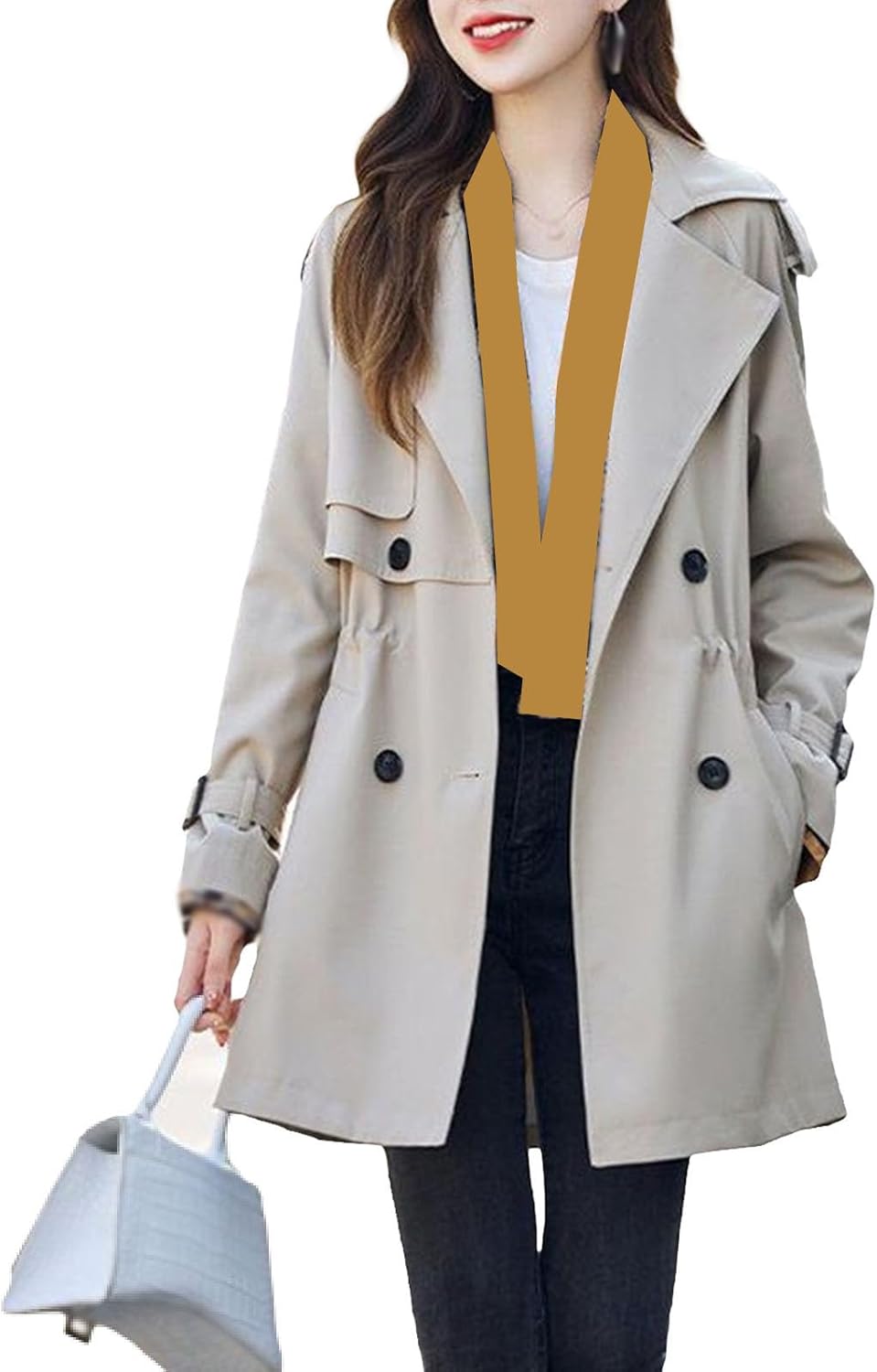 Women's Trench Coat Double-Breasted Classic Lapel Overcoat Slim Outerwear Coat, Mid-Length Water Resistant Windbreaker