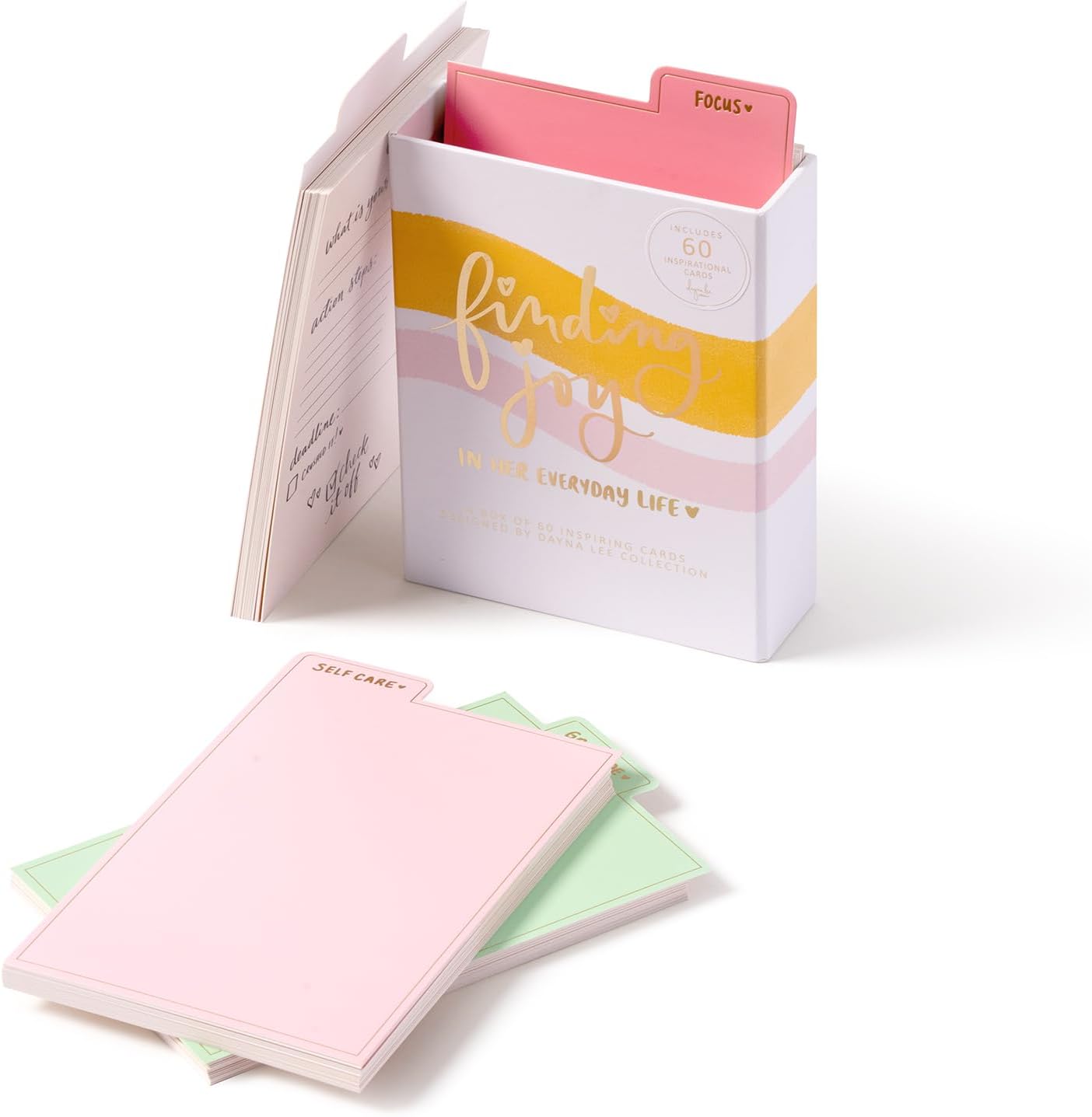 Eccolo Dayna Lee “Finding Joy” Inspirational Cards – 60 Card Set Divided into Self-Care, Gratitude, Goals, and Focus Sections with Guided Prompts, Premium Cardstock, Gift-Ready Holder