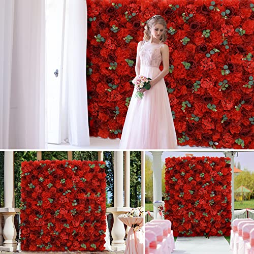 Artificial Floral Panels For Wall Backdrop 12Pack Dark Red- 3D Flower Mat Silk Rose Hydrangea For Home Party Wedding Birthday Photo Background, Festival & Event Wall Decor（15*15*6.7Inches） #TOP2