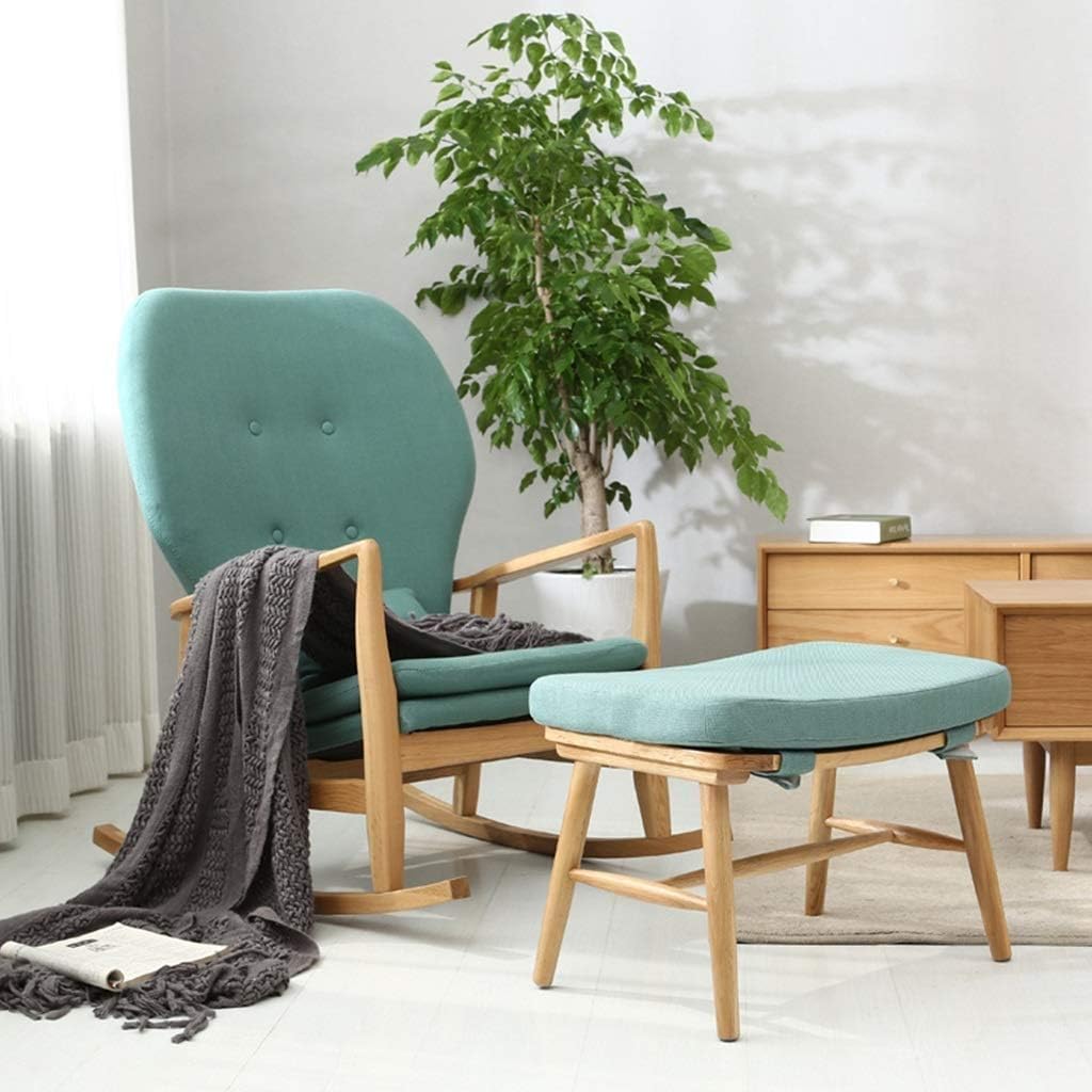 Single Solid Wood Rocking Chair Smooth Rocking Motion with Cushion Lunch Break Recliner with Footrest - Green
