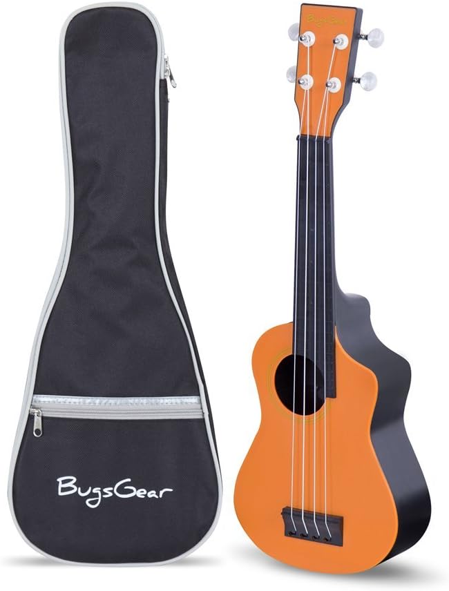Bugs Gear RPNS-ORG-BK Portable Outdoor Kid Friendly 18 Fret Soprano Aqulele Water Resistant Ukulele with Case, Orange/Black