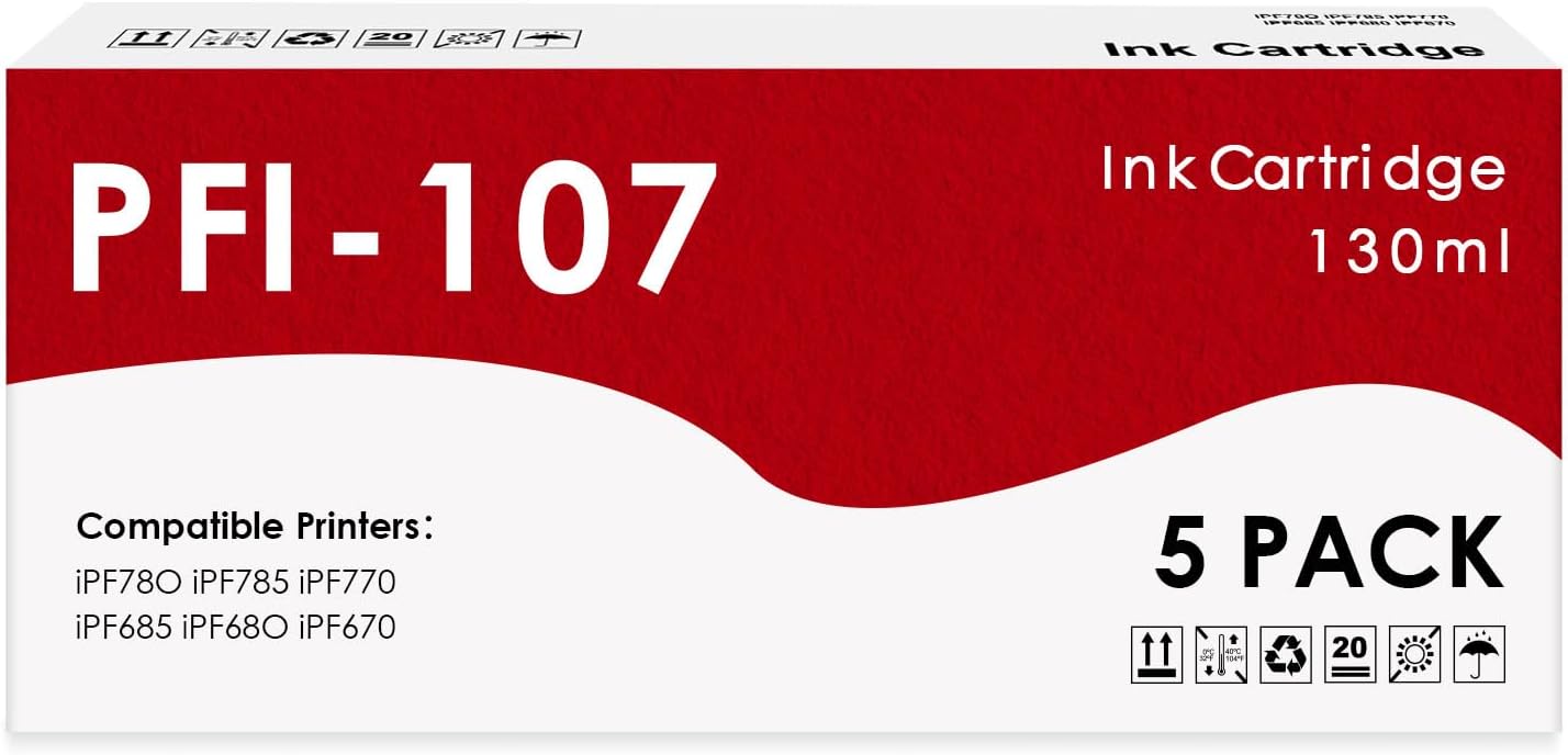 PFI 107 PFI-107 Ink Cartridge Compatible with Canon PFI107 PFI-107MBK PFI-107BK PFI-107C PFI-107M PFI-107Y Ink Tank Set for IPF670 IPF680 IPF685 IPF770 IPF780 IPF785 Printers (5 Pack, MBK BK C M Y)