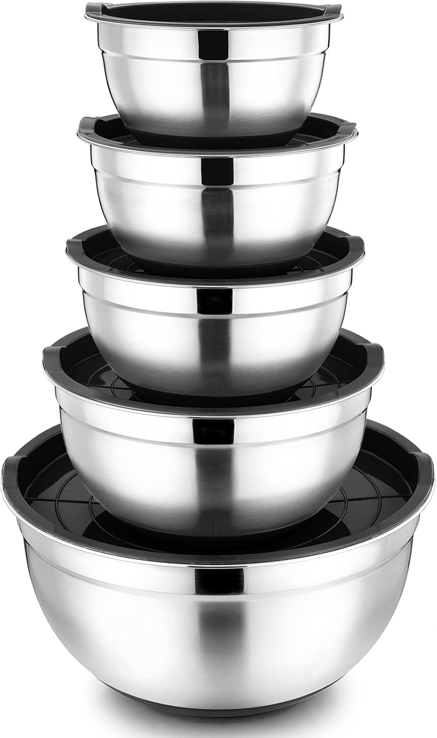 P&P CHEF Black Mixing Bowls with Lids Set of 5 Stainless
