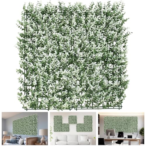 TANG 20"x20"-12PC Artificial Greenery Boxwood Panels Grass Wall Panel, Faux Privacy Fence Ivy Screens Backdrop Fake Hedge for Indoor Outdoor Wedding Décor, White Buxus Boxwood