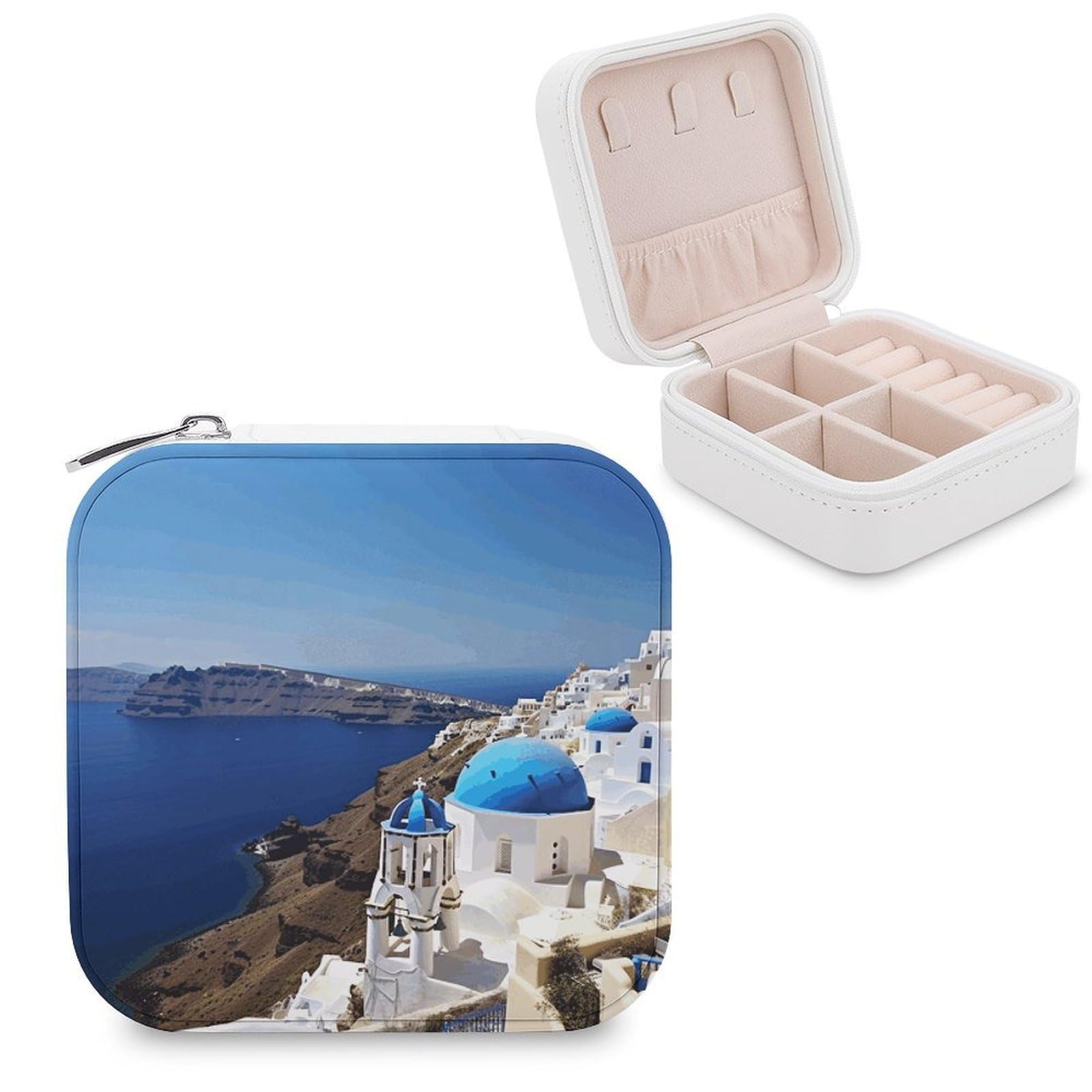LZQPOEAS Santorini Greek Island Sea View Jewelry Box Mini Jewelry Travel Case Trendy Stuff Ring Box Custom PU Leather Jewelry Boxes Portable Jewelry Case Earring Storage Organizer for Girls Women