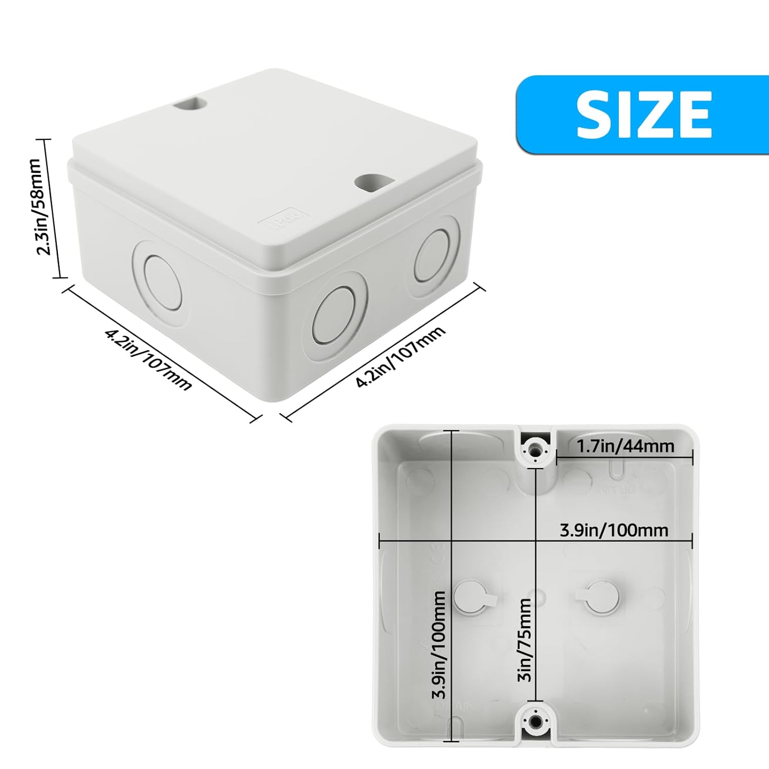 NineLeaf Junction Box, Waterproof Electrical Box IP66 Water Resistant Dustproof ABS Plastic Project Enclosure for Electronics, External Size 4.2 x 4.2 x 2.3inch(107 x 107 x 58 mm)