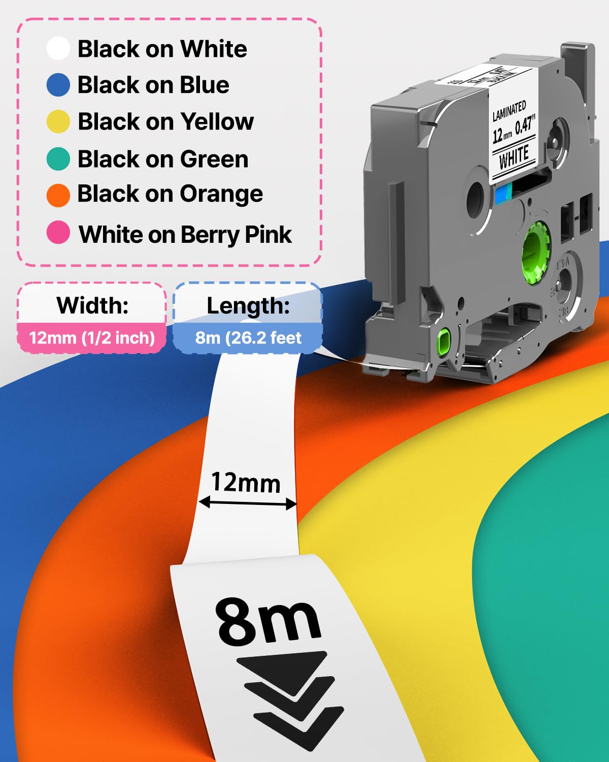 Repuesto para Brother P Touch Label Maker Tape TZe TZ Tape de 12 mm 0.47 repuestos laminados de colores para PT-D210 D220 H110 D400 D410, blanco/azul/amarillo/verde/naranja/rosa baya, paquete de 6