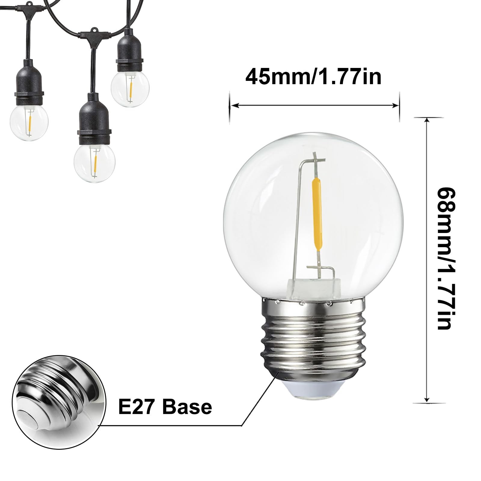 40 piezas LED E27 1W, blanco cálido 2700K,E27 tornillo base 1W bombilla globo lámpara para decoración de fiesta de vacaciones, bombilla para luces de hadas, AC 220V