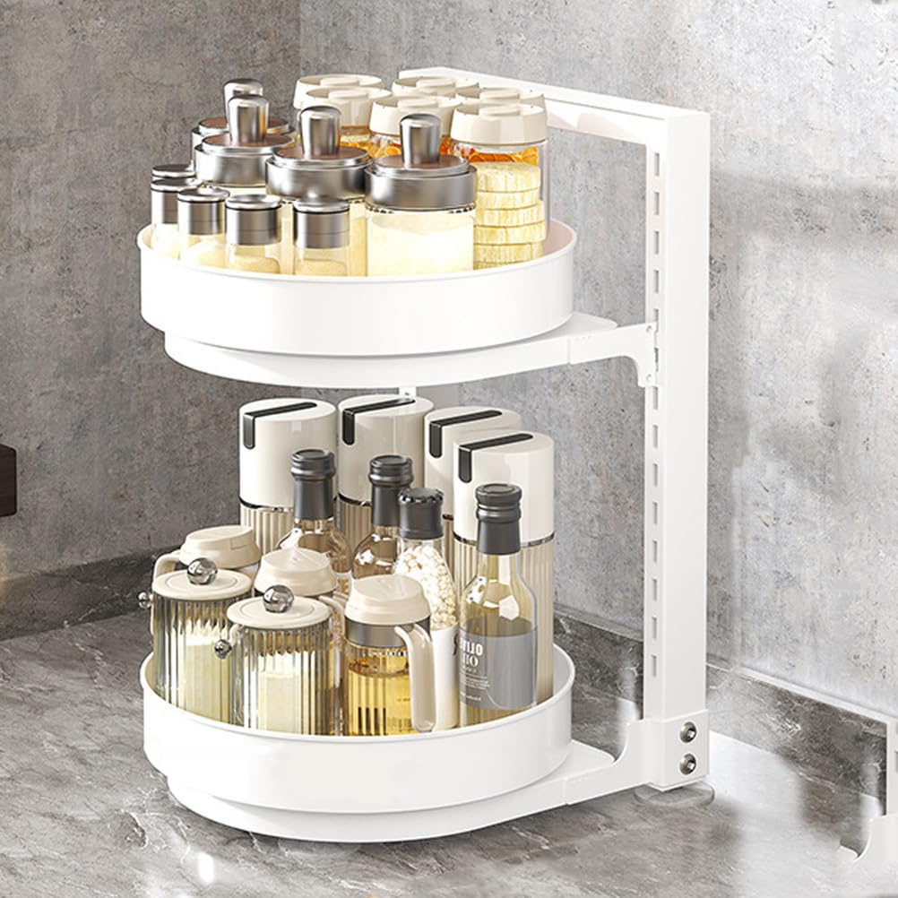 Lazy Susan Organizer a 2 ripiani – Portaspezie girevole in metallo regolabile da 25 cm per armadietto, dispensa, cucina, piano di lavoro, tavolo da pranzo, armadietto, bagno, vanità,Bianca,3 Tier