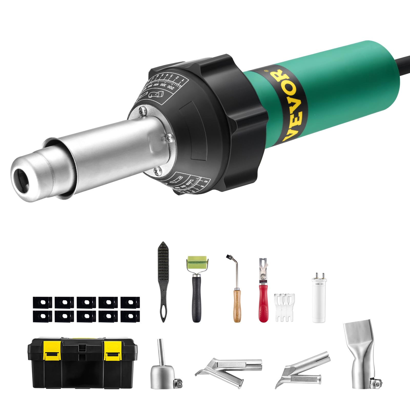 VEVOR Soldador de Aire Caliente para Plástico 1600 W, Kit de Soldadura para Techos de Plástico con 11 Accesorios: Caja de Herramientas, Boquilla, Rodillo, Cuchillas para PP/PE/PVC, 330 x 95 x 56 mm