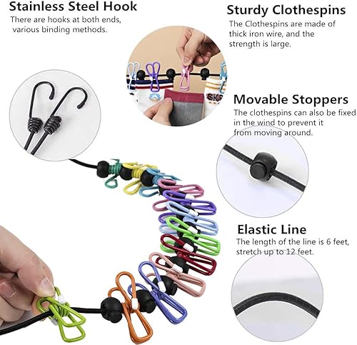 Miniatura 5 de Tendedero portátil con 12 pinzas de colores, tendedero de viaje resistente al viento, elástico, retráctil, línea de ropa de lavandería para patio
