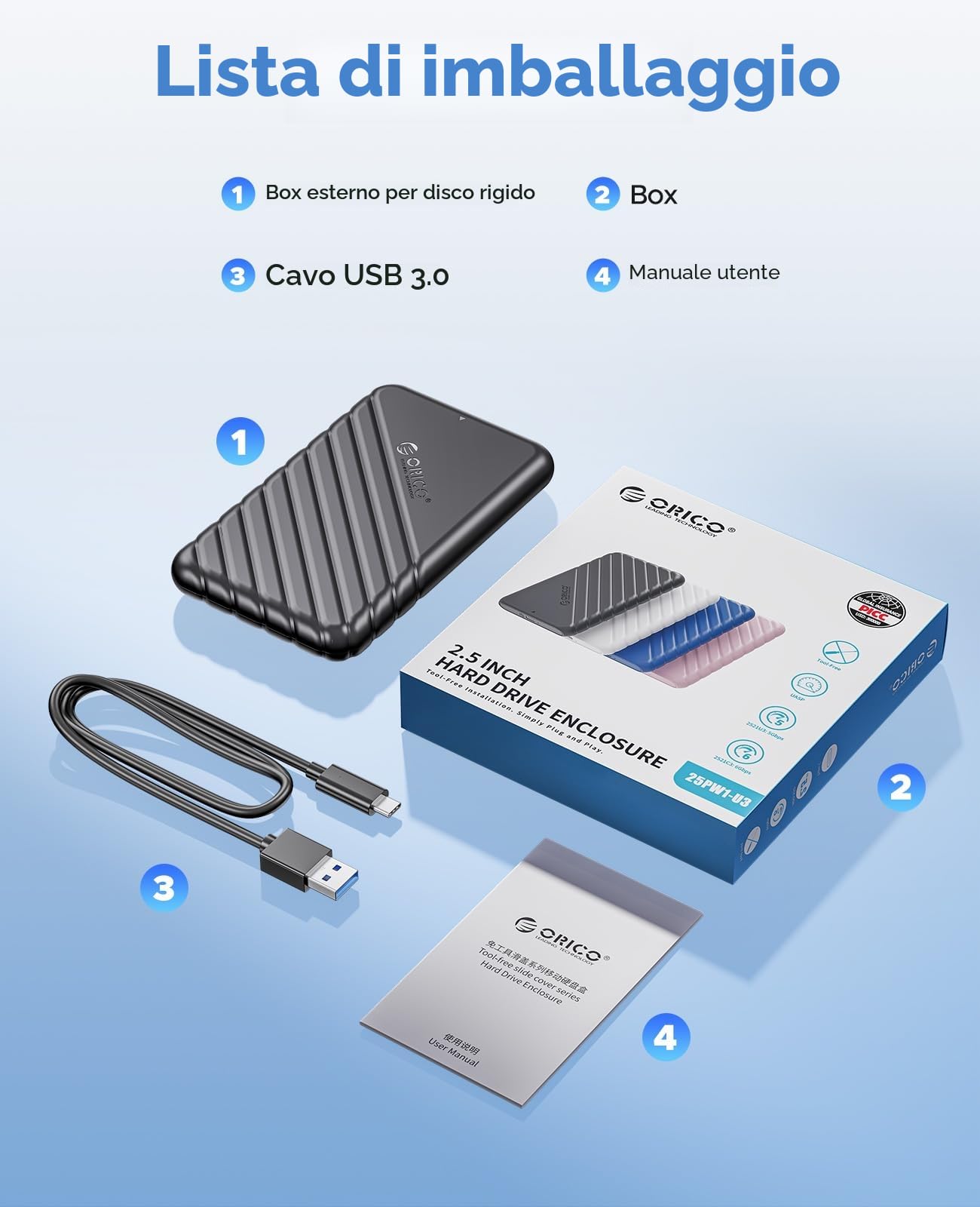 ORICO Case Esterna per HDD/SSD 2,5 pollici SATA, USB 3.1 Gen 1 (6Gbps) fino a 6 TB, Supporta UASP e TRIM, Senza Attrezzi per Unità da 7mm/9,5mm – Nero (25PW1-C)