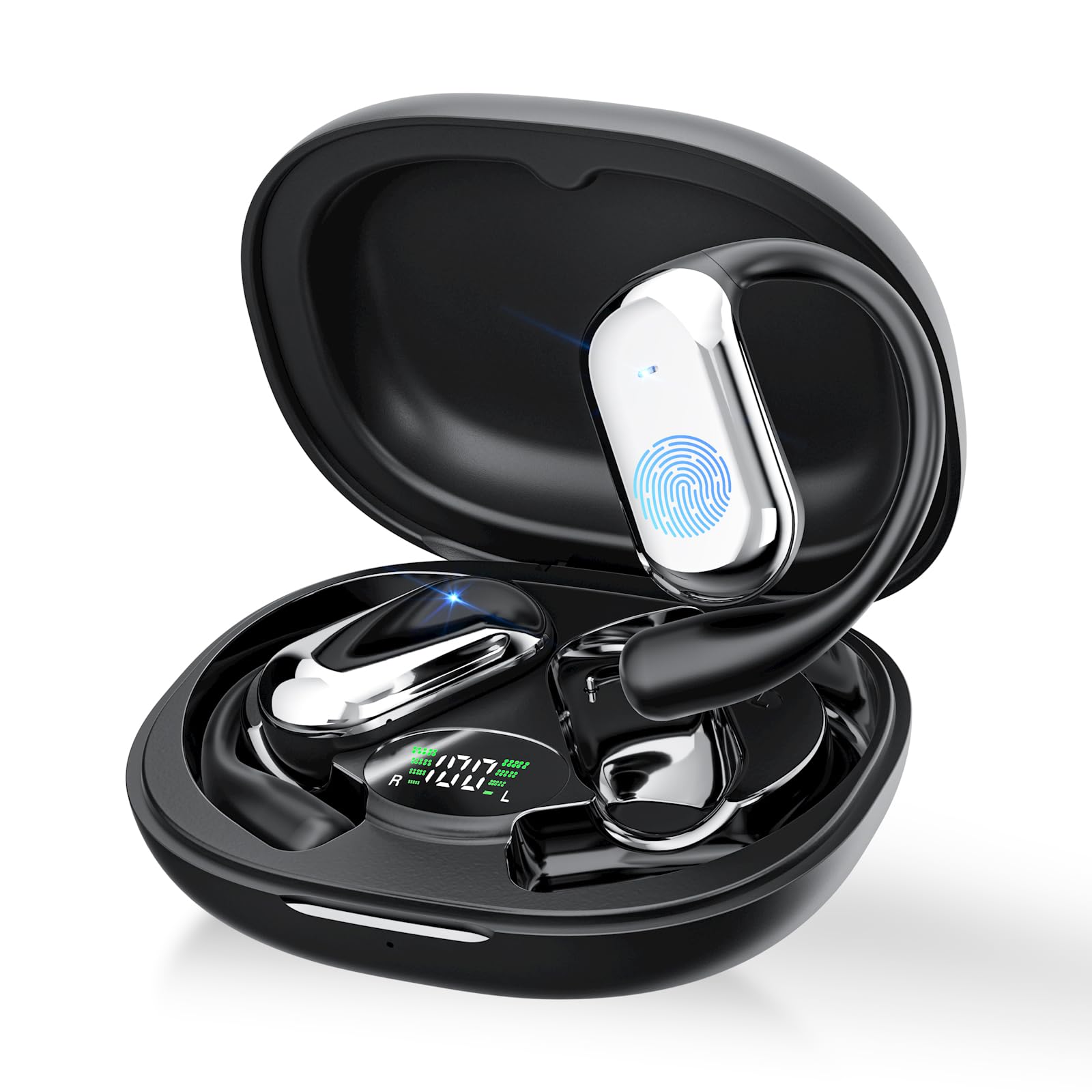 Auriculares Oreja Abierta Bluetooth 5.4, Auriculares Inalámbricos Deportivos con Gancho, Reproducción de 50H Pantalla LED, Cascos con micrófono Incorporado, Control Táctil, IP7 Impermeable