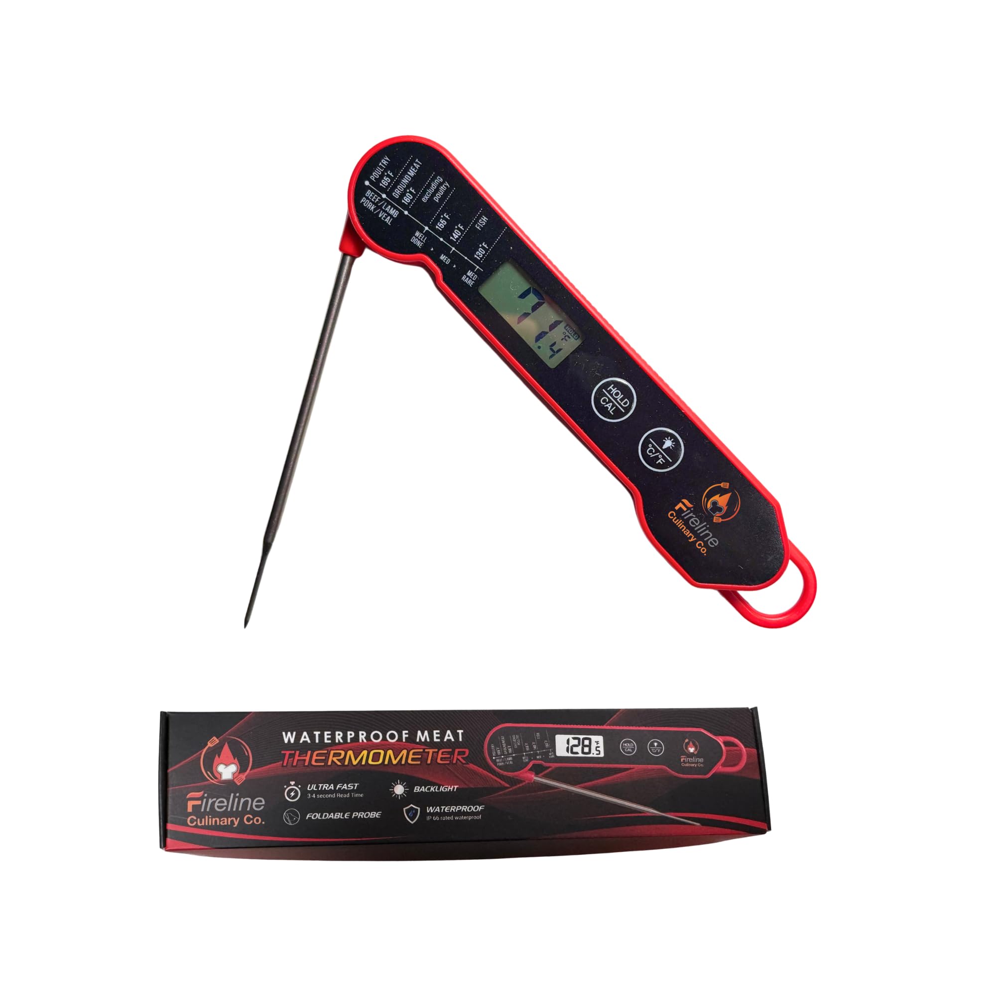 FIRELINE - Termometro digitale ultra veloce impermeabile con retroilluminazione, sonda pieghevole e retro magnetico, lettura istantanea di livello commerciale per grigliare, cucinare, barbecue