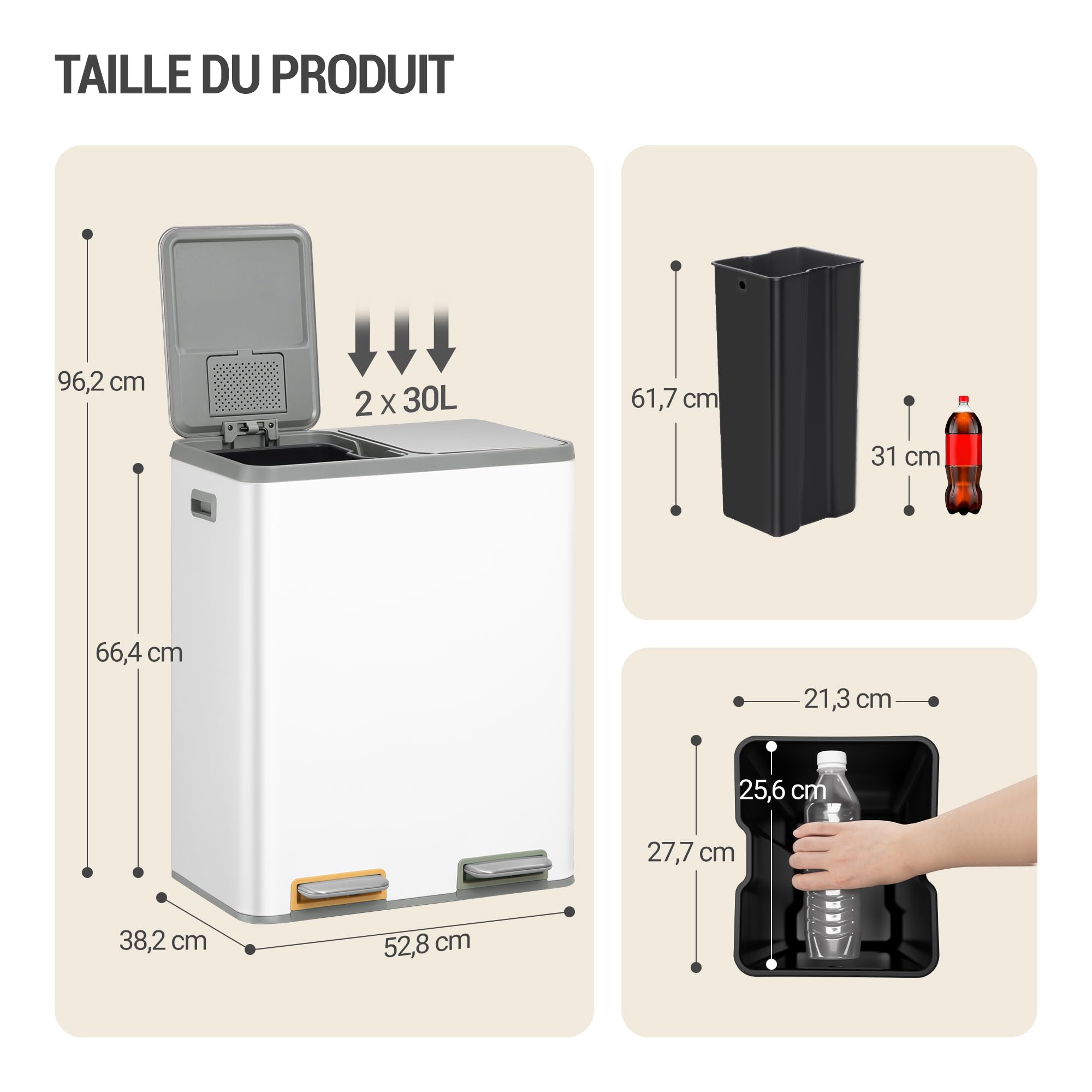 Hzuaneri Poubelle Cuisine, 60L (2 x 30L), Poubelle Tri Selectif 2, Poubelles Tri avec Pédales à code couleur, Ilencieux et retombe lentement, avec 15 Sacs Poubelles, pour Cuisine, Blanc SW23099W