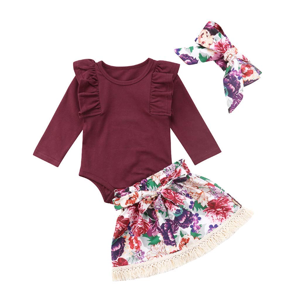 3Pcs/Set Infant Baby Girl Ruffle Long Sleeve Romper+Floral Skirt+Headband Outfits (Skirt, 6-9 Months)