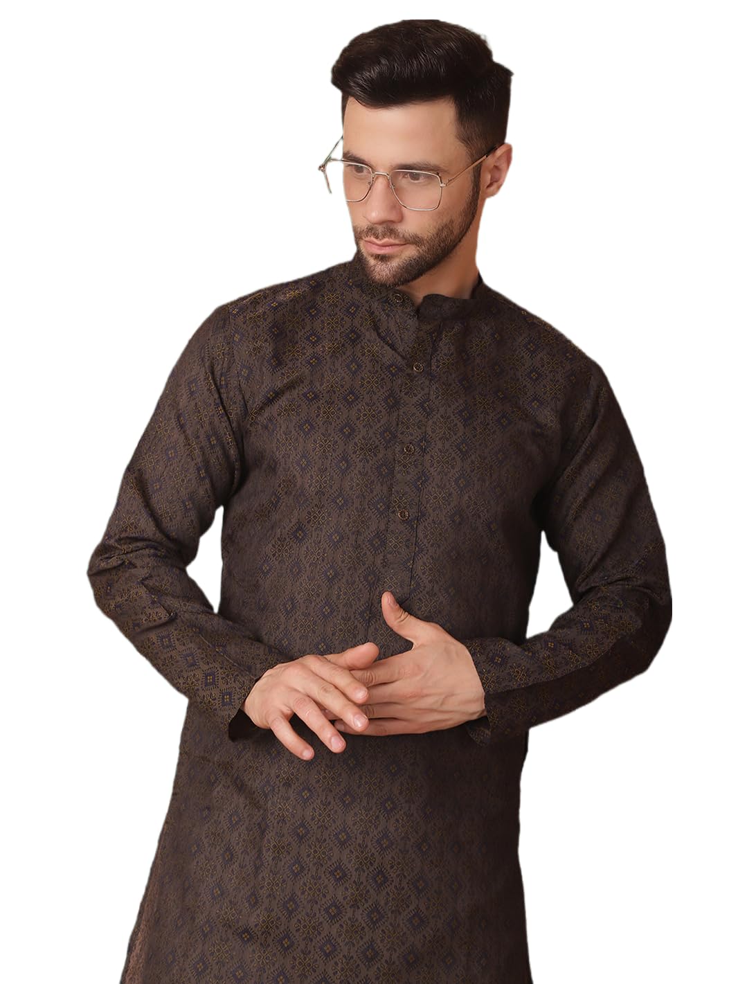 Jompers Men's Navy Woven Design Silk Blend Kurta Only (Navy, Xxl)