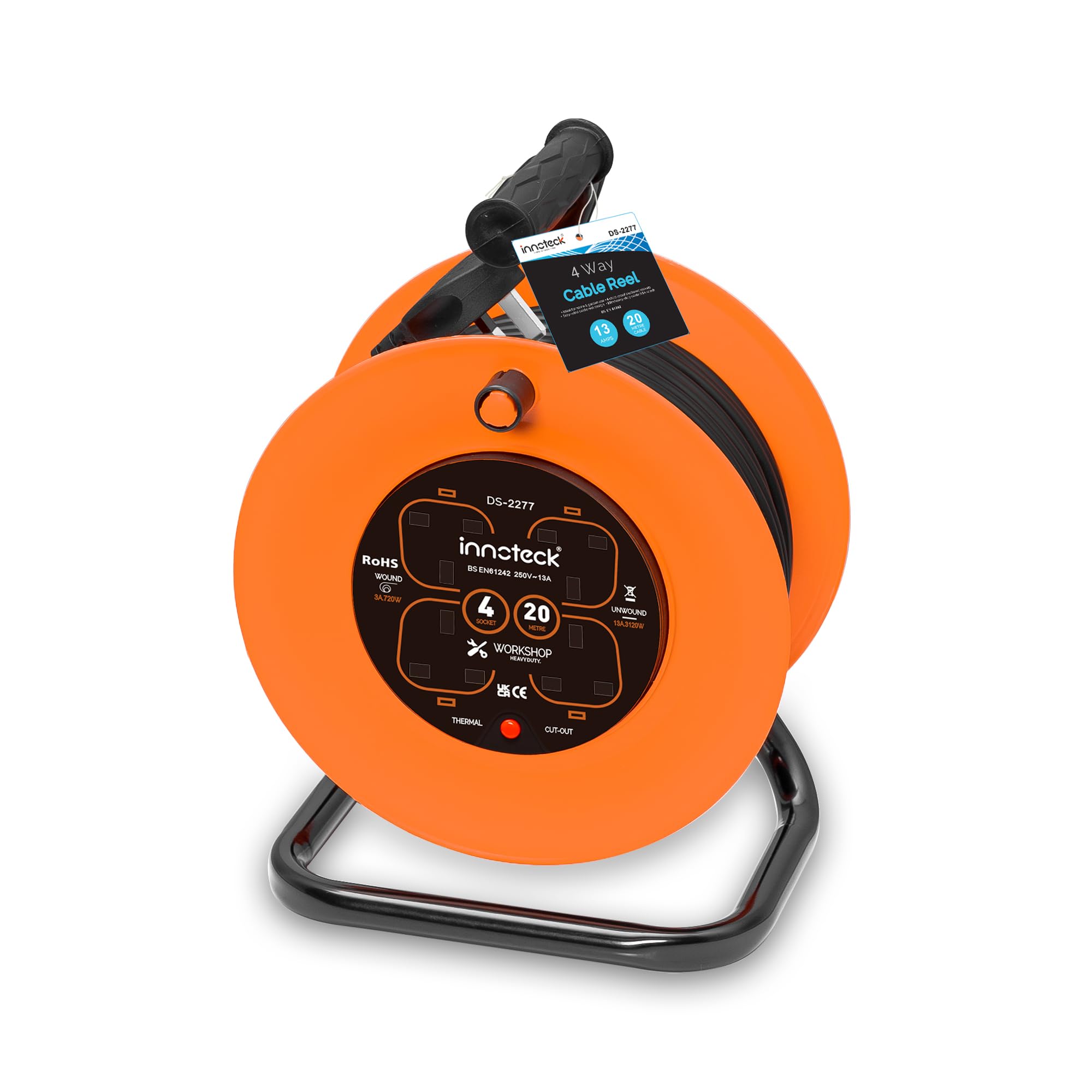 Innoteck 4 Way Socket 20M 13A Cable Reel - Thermal Cut Out and Resetting Switch - Heavy Duty Cable and Portable - Extension Lead for Indoor - Orange and Black โ image 1