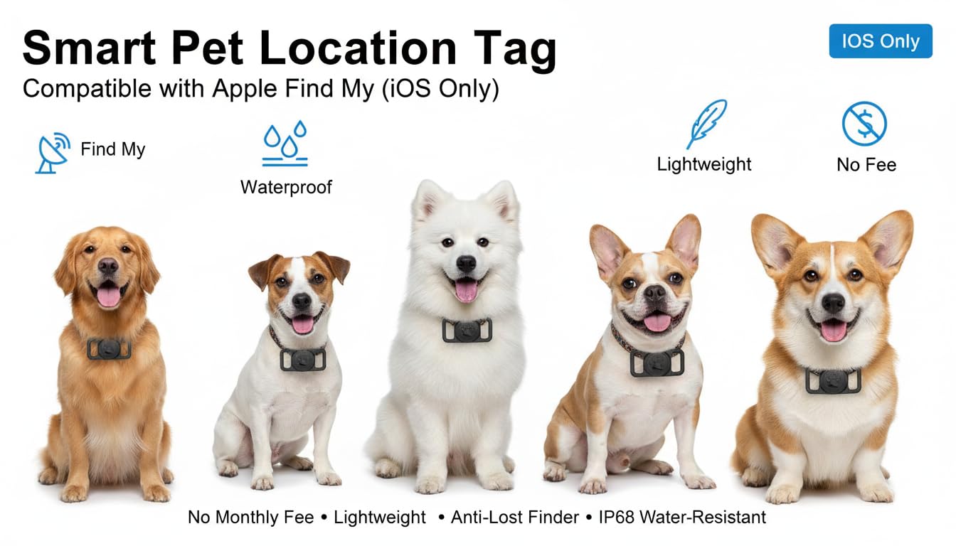 Collar inteligente 2 en 1 para seguimiento de mascotas (solo iOS), collar de perro con rastreador GPS sin tarifa mensual, ubicación en tiempo real, cómoda etiqueta de seguimiento de poliuretano para