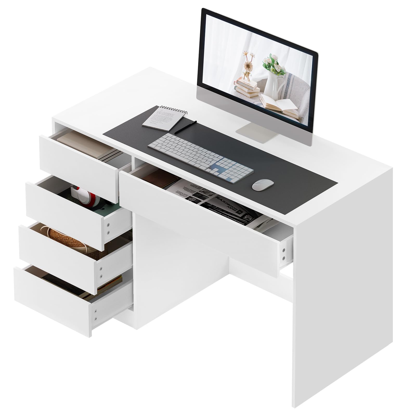 eSituro Computer Desk with 5 Drawers, White Dressing Table, 120x55x75 cm