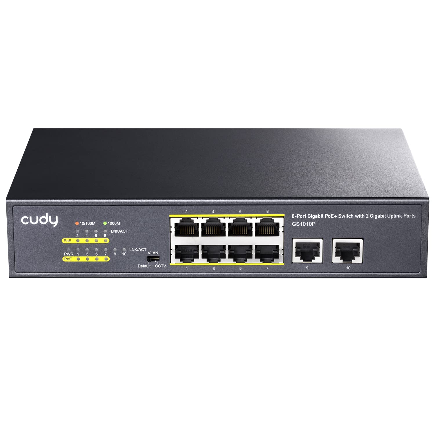 Cudy GS1010P 8+2-portowy Gigabit Ethernet PoE+ niezarządzany przełącznik Plug-and-Play, 120 W, 8 x 10/100/1000 Mbit/s Porty PoE+, tryb CCTV/VLAN, 802.3af/ 802.3at | 120W Budżet Mocy IEEE 802.3af/at 2 Uplinks 250m CCTV VLAN Extend Metalowa Obudowa Fanless
