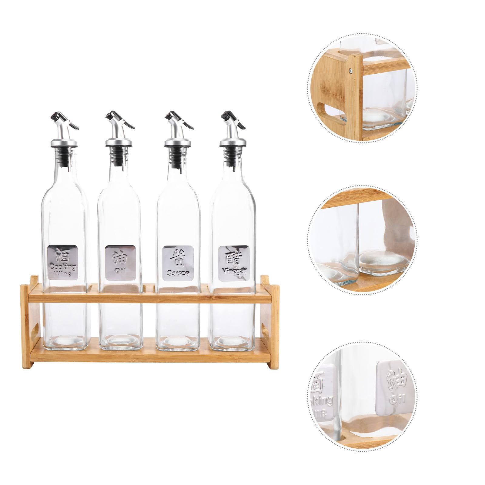 Ciieeo Ölflasche aus Glas und Edelstahl 500ml Auslaufsicher 5 Stück mit Holz Aufbewahrungsregal für Öl und Essig für Küche