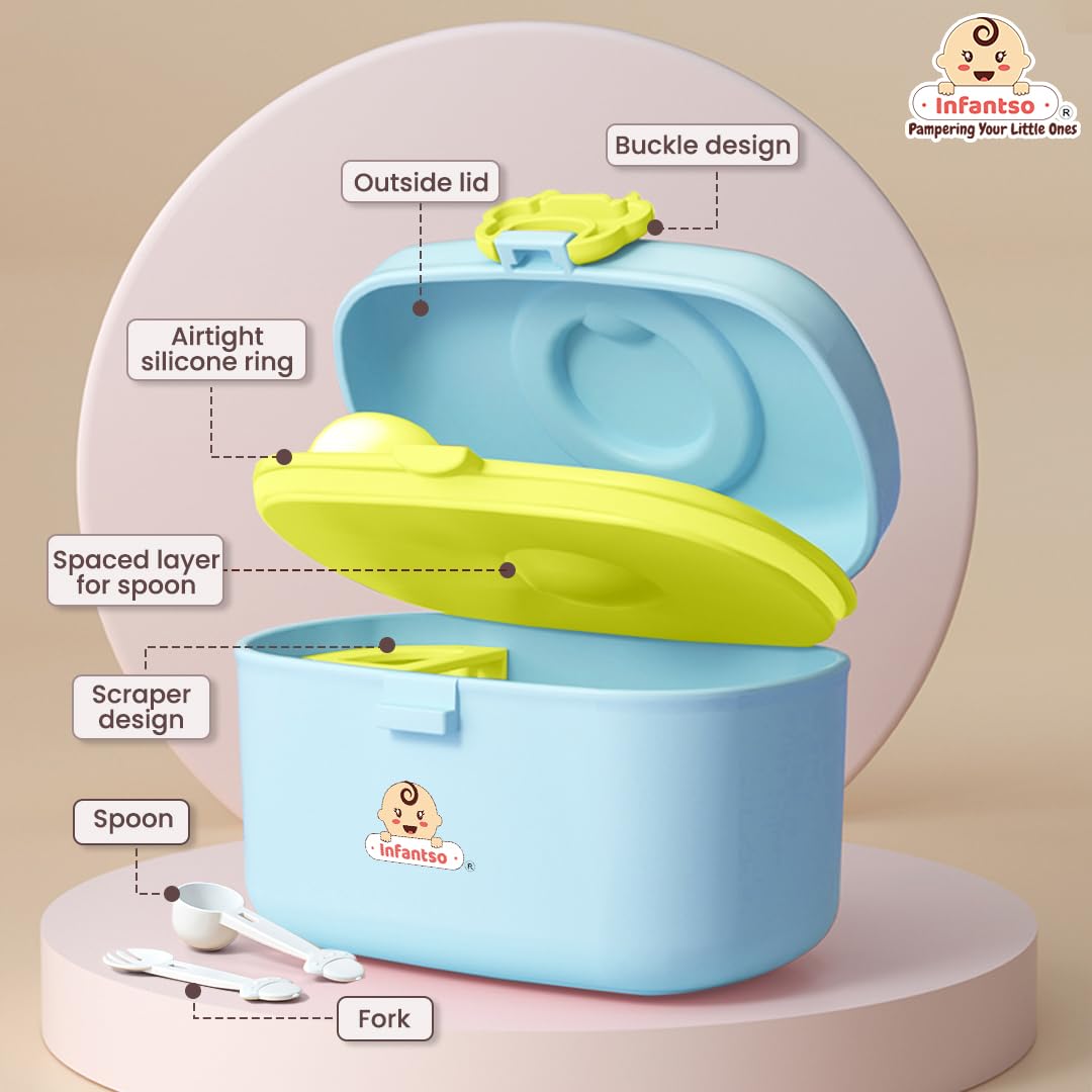 Infantso FEED EASE (2-in-1) Baby Milk Powder & Food Container 360gms | BPA-Free, Leak-Proof Bear Box, Travel-Friendly with Spoon & Fork, Baby Essential Food Storage Box, Snack Box, Baby Milk Powder Box 1