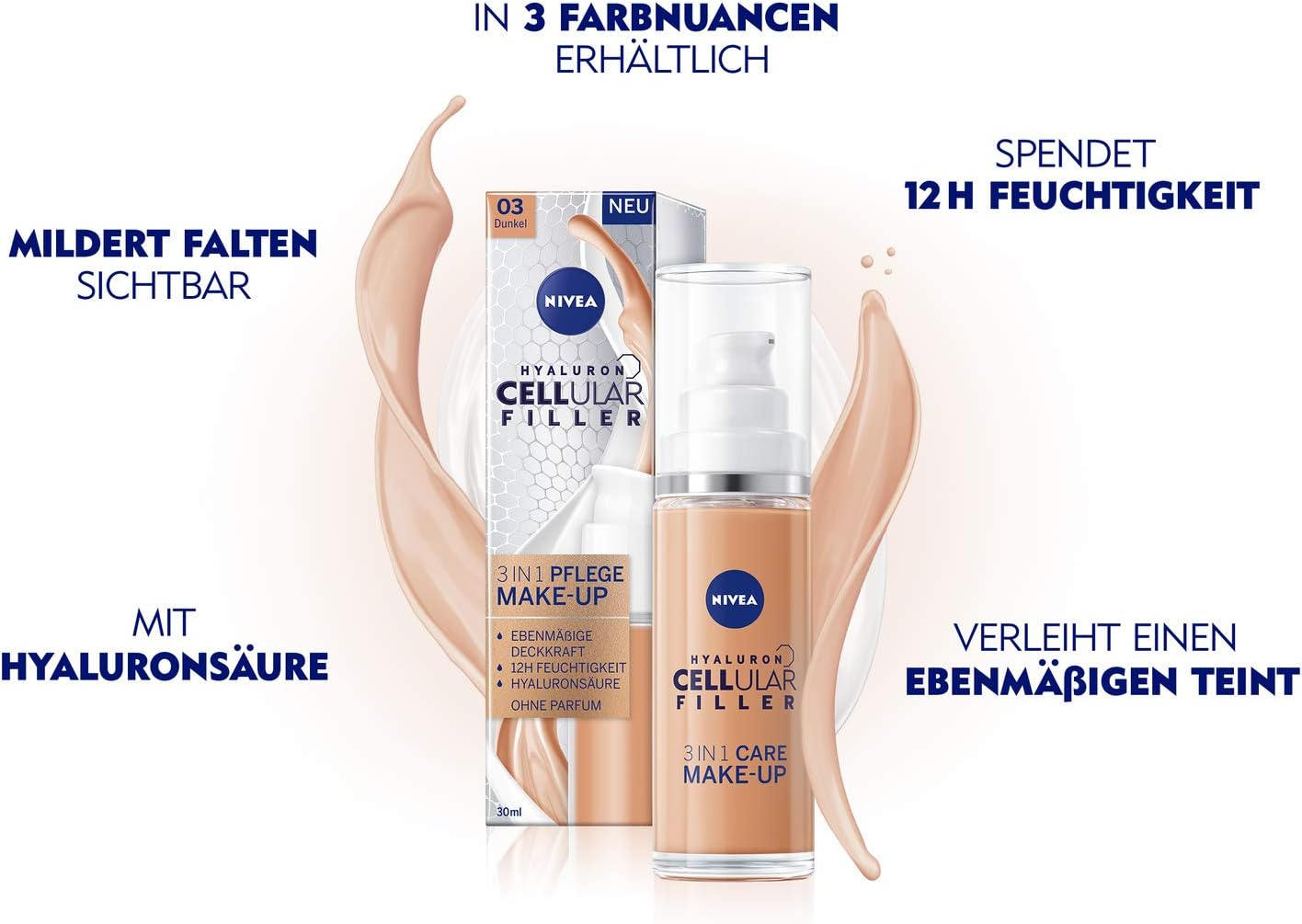 NIVEA Hyaluronic Cellular Filler 3-in-1 Care Make-Up Dark (30 ml), Moisturising Foundation with Hyaluron - Image 3