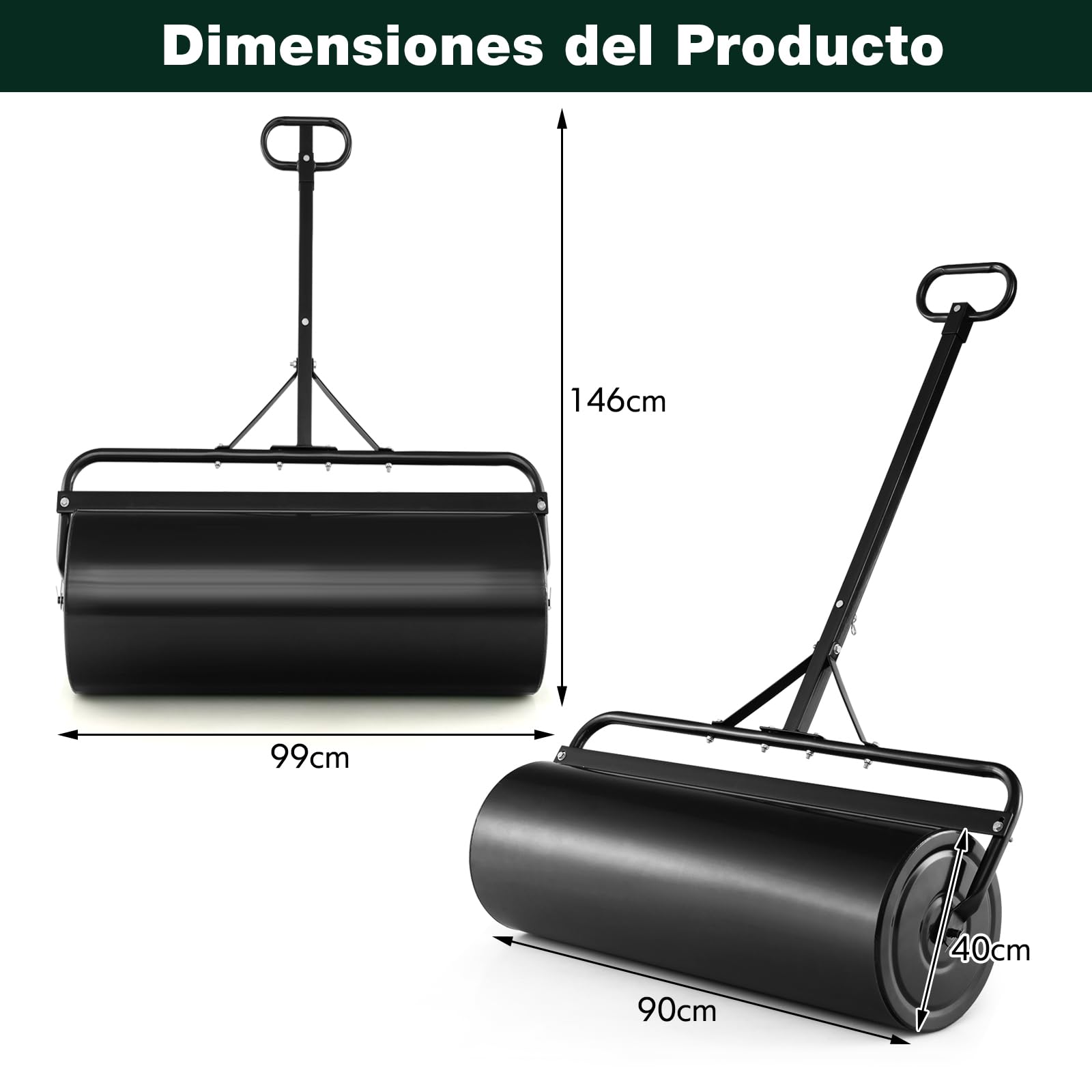 COSTWAY 113L Rodillo de Césped Metálico, Rodillo de Césped para Empujar o Tirar Llenado de Agua o Arena con Mango Desmontable para Jardín, Patio, Parque, Granja (Negro, 146x99x40cm)
