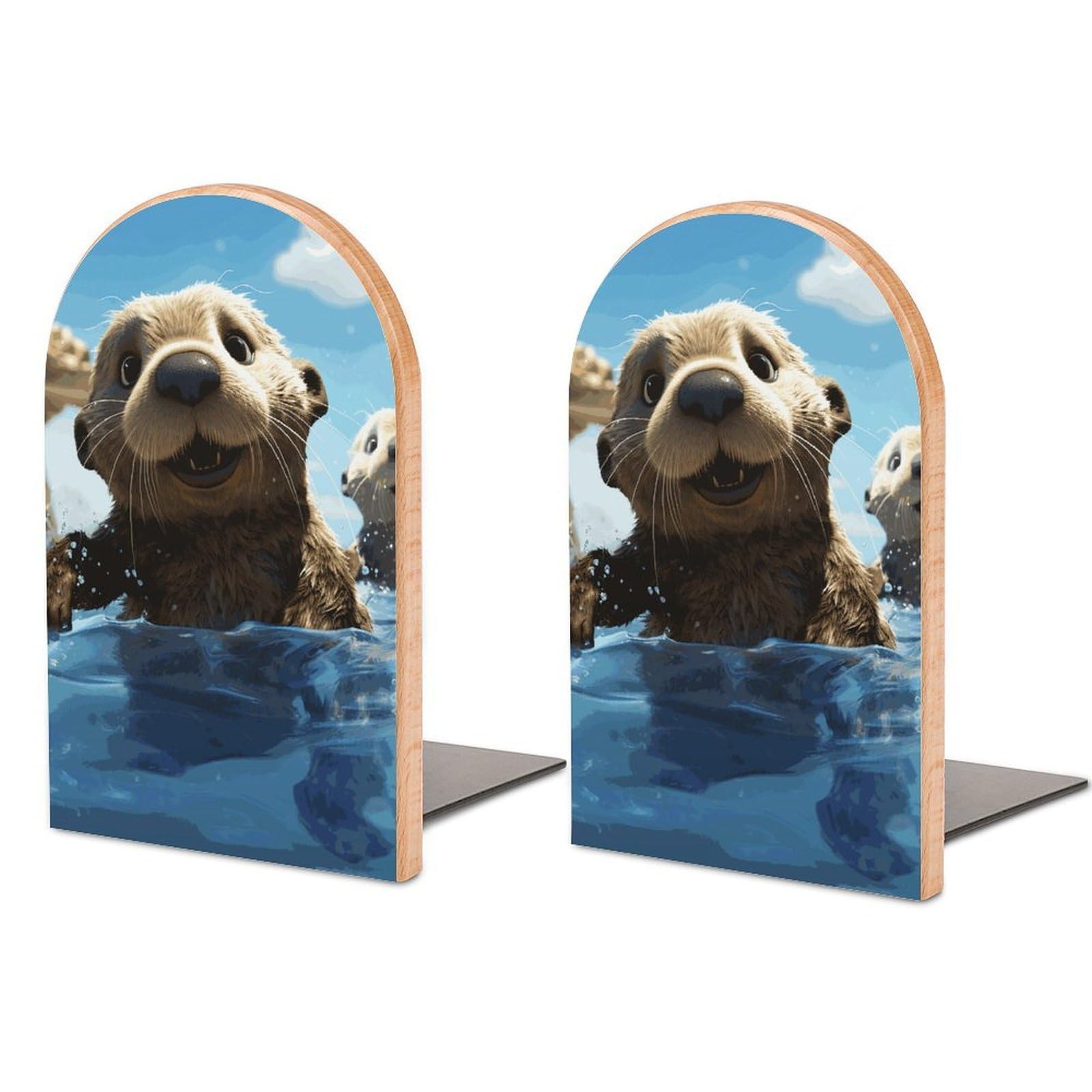 Lovely Sea Otter Print Bookend Modern Bookends for Shelves Non-Skid Book Holder Heavy Duty Metal Book Storage for Books CDs Decorative Book Stopper for Home