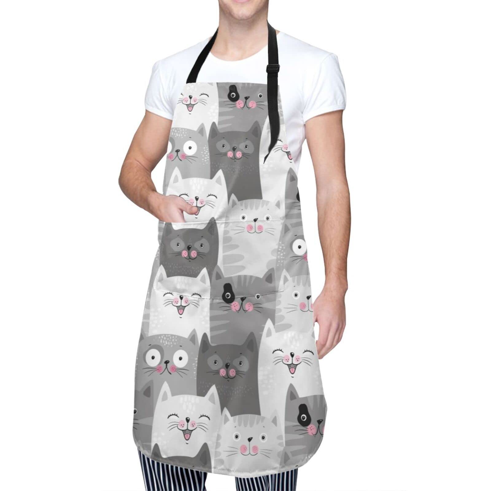 Delantales con diseño de gatos lindos para mujeres con bolsillos, regalos de cumpleaños de Navidad para hombres, chef, mamá, papá, esposa, marido, tía, Gris 2
