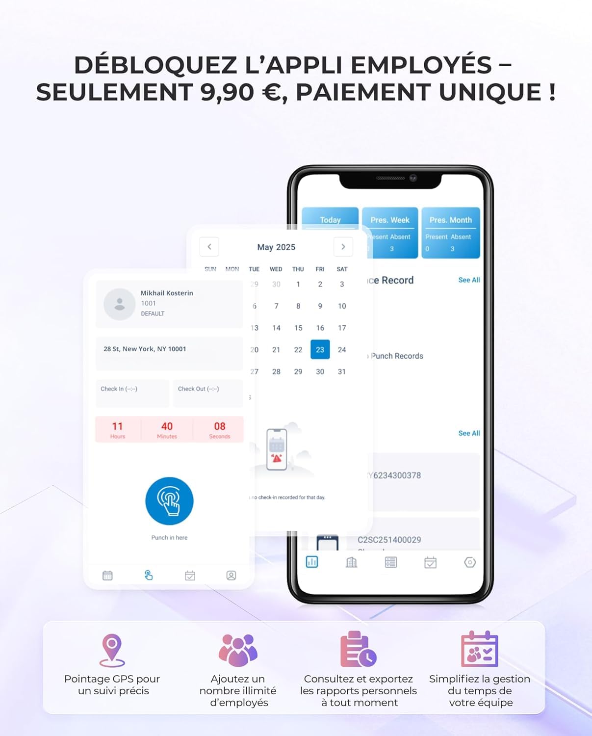 NGTeco Pointeuse Horaire Cloud - Pointeuse Biométrique WiFi 5GHz avec Application Mobile et Gestion Cloud, Contrôle à Distance (sans Abonnement Mensuel) pour PME