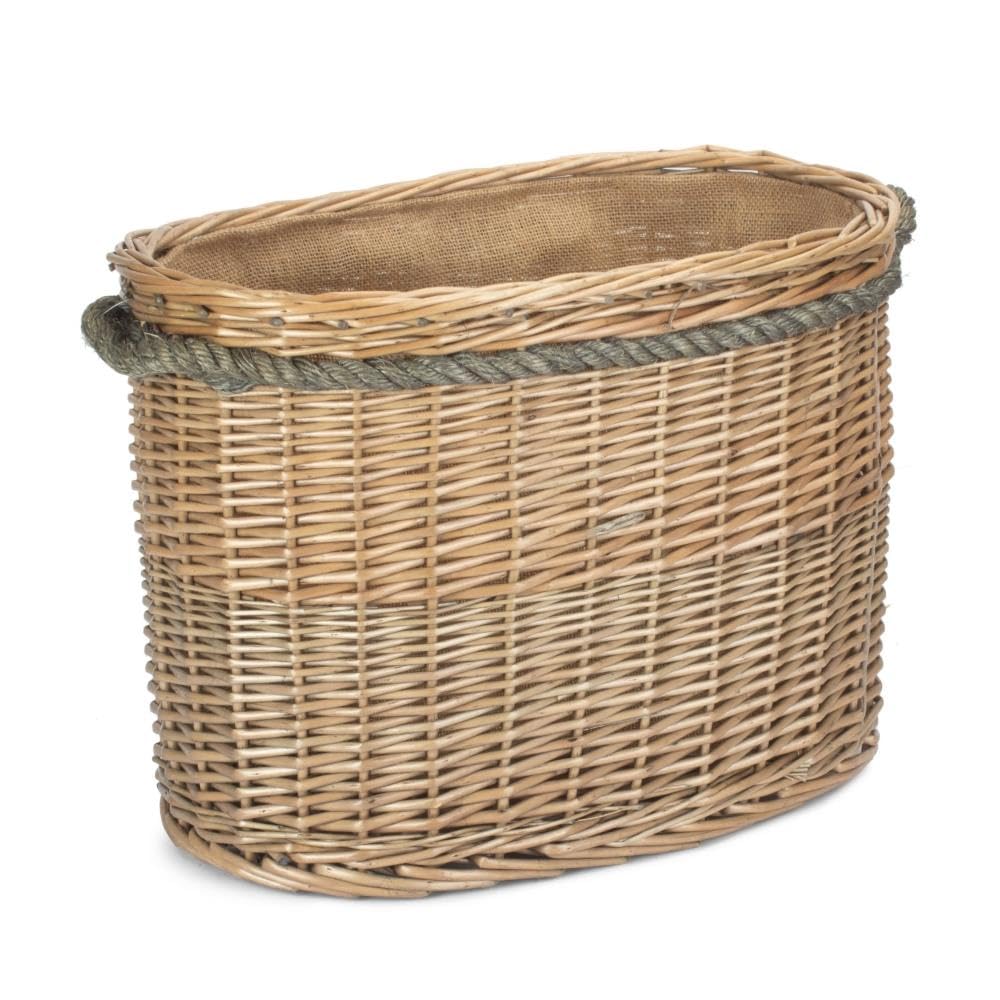 Czerwony kosz duży owalny z uchwytem z drewna z rączką, wiklina, brązowy, wys. 38 x szer. 58 x gł. 38 cm