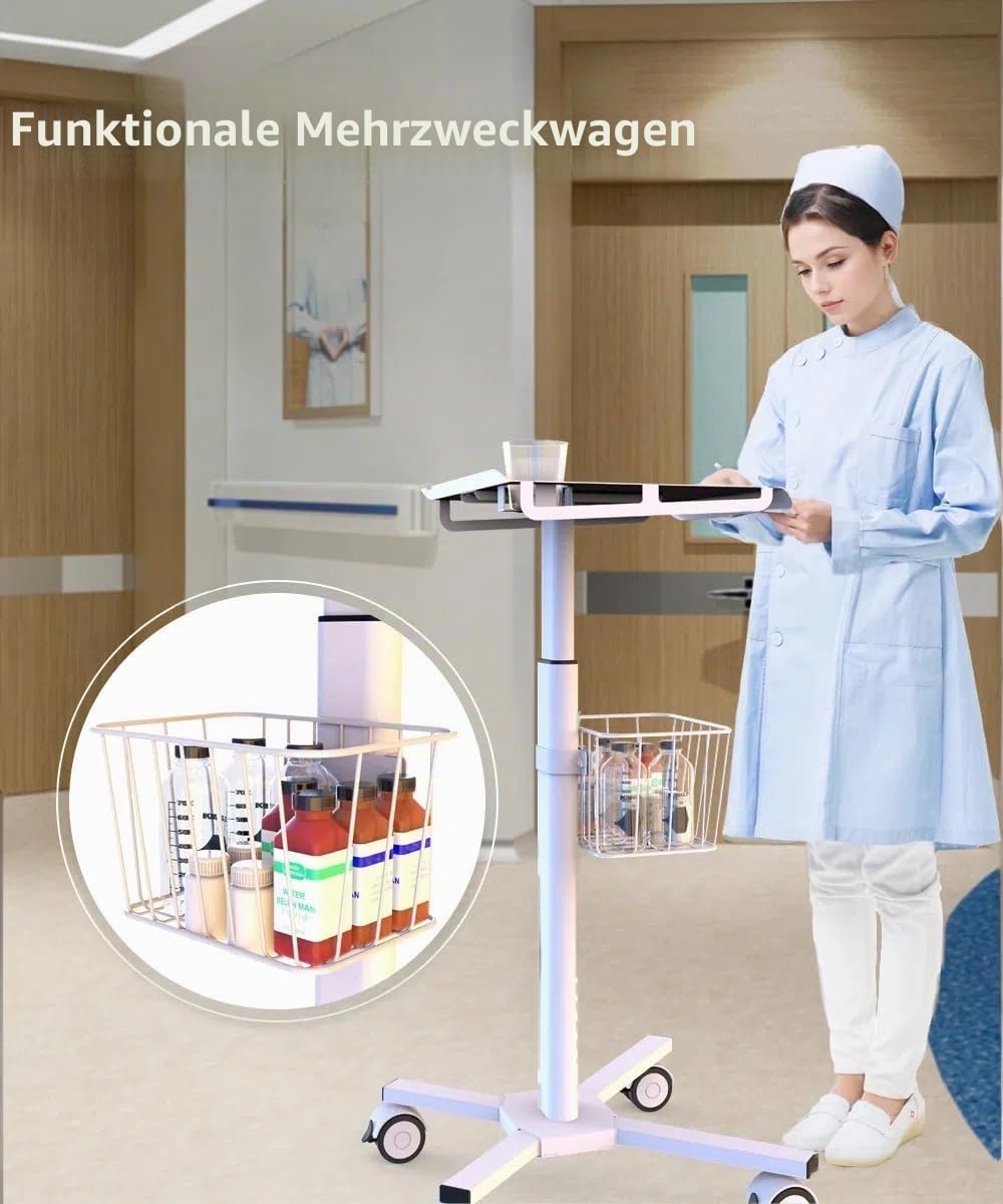 Yicorgard Medical Trolley mit Weels Tablet Stand, höhenverstellbare Mobile Workstation mit iPad Halter, Korb Lagerung, Inplug Halter, medizinischer Wagen für Krankenhaus Dental Office Salon
