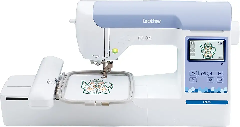 Brother Máquina de bordar PE900, 193 designs embutidos, área de aro de 12,7 cm x 17,7 cm, tela sensível ao toque LCD grande de 9,4 cm, porta USB, 13 estilos de fonte, branco