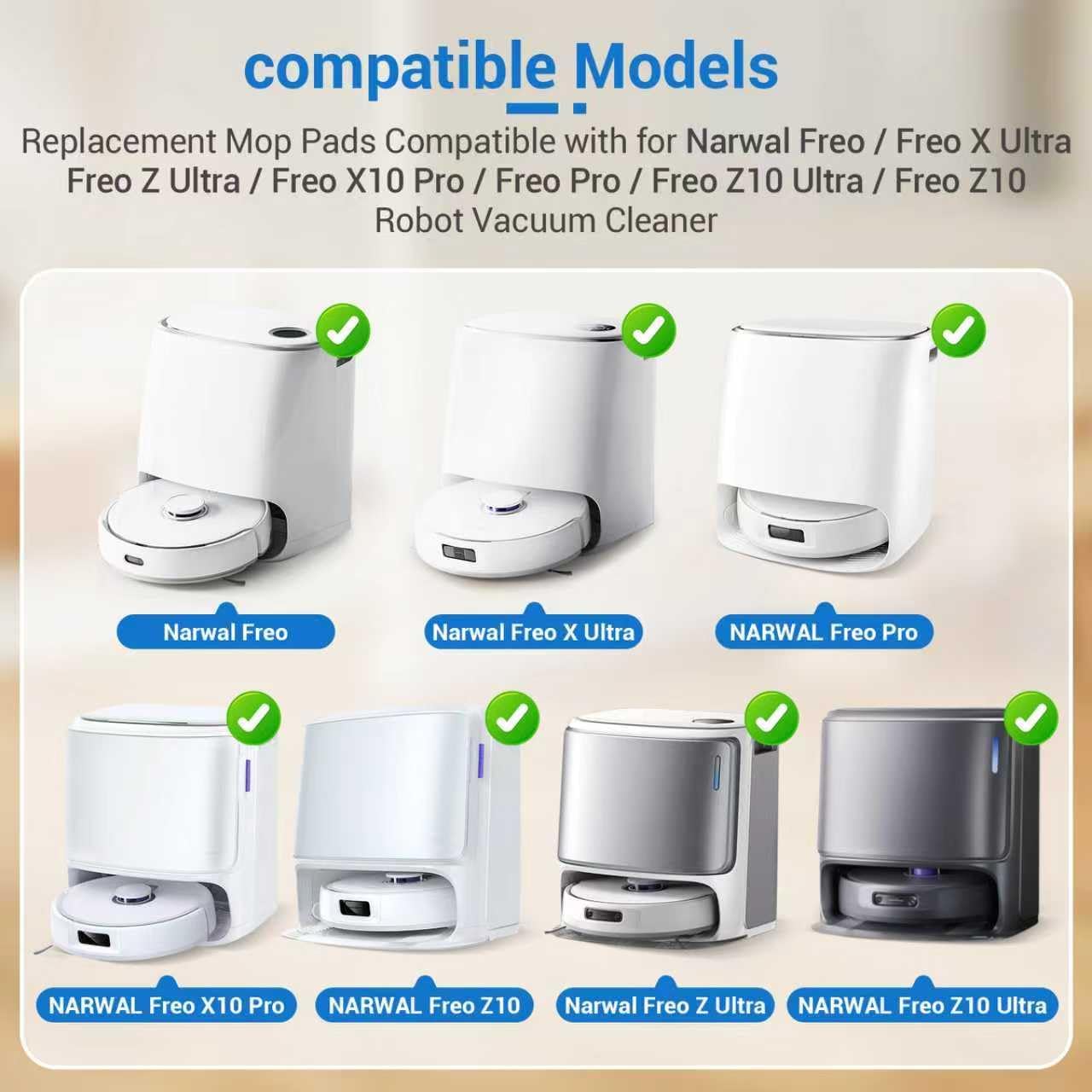 6 Pcs Freo Mop Pads Compatible with for Narwal Freo, Freo Pro, Freo X Ultra, Z Ultra, Freo Z 10, Freo X10 Pro Robot Vacuum Cleaner, Washable and Reusable Mop Pads White